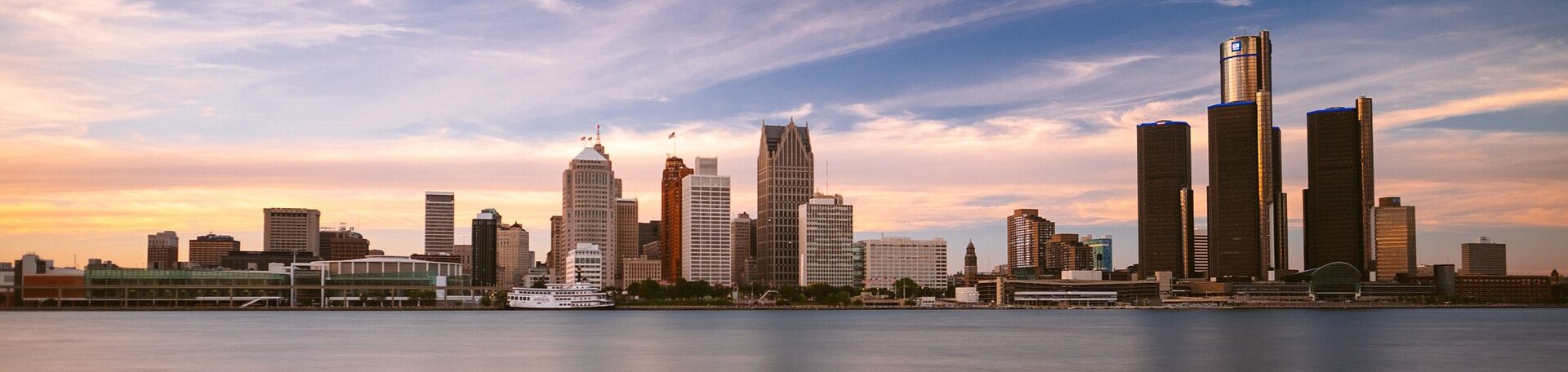The Detroit skyline across the river at sunset